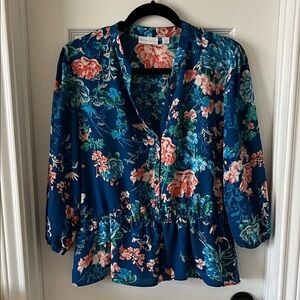 New York & Company Floral Blue Blouse